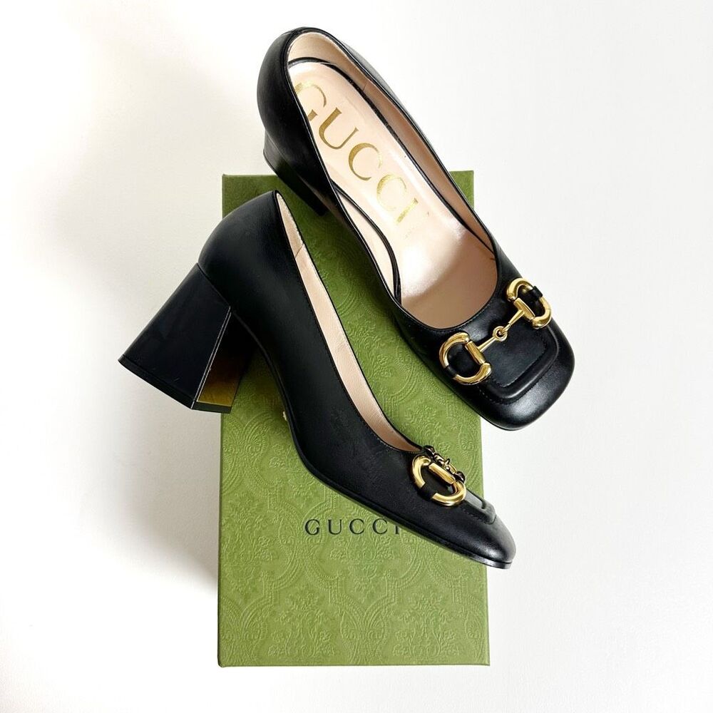GUCCI Black Baby Bit Horsebit Square Toe Pump 38.5 US 8.5 Leather Block Heel